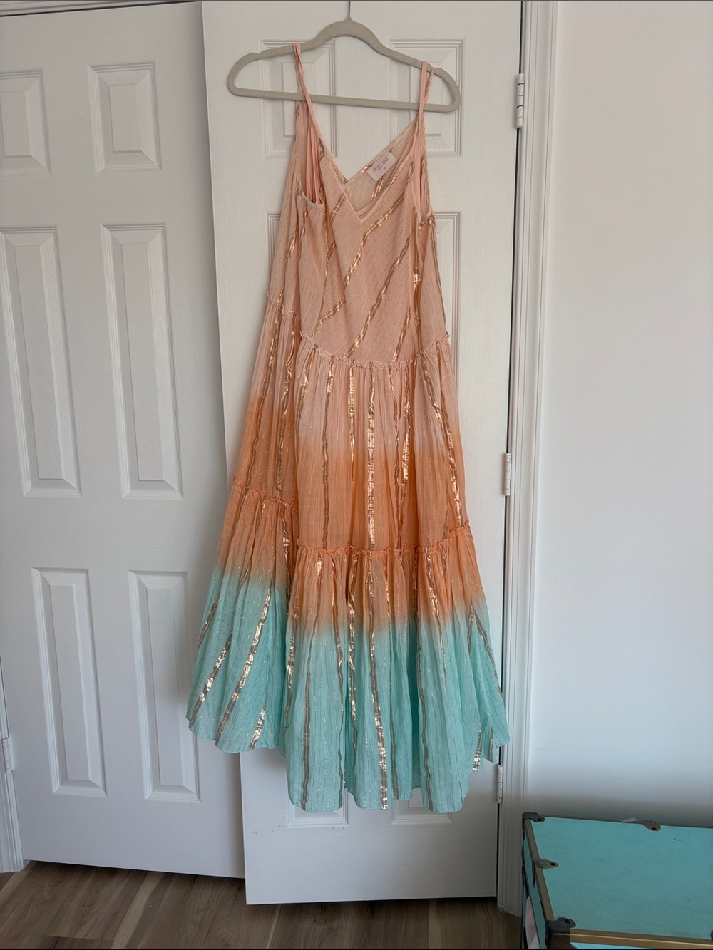 Spaghetti Strap Ombre Maxi Dress with Metallic Accents - Peach & Teal